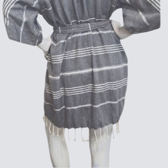 Gray Bohemian Coastal Striped Fringe Hem Belted Kimono Cardigan Size L - Picture 7 of 9